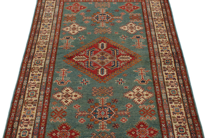 4x6 Light Green and Ivory Kazak Tribal Rug
