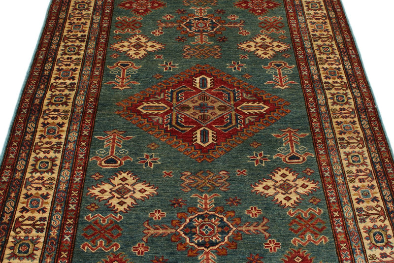 4x6 Light Green and Ivory Kazak Tribal Rug