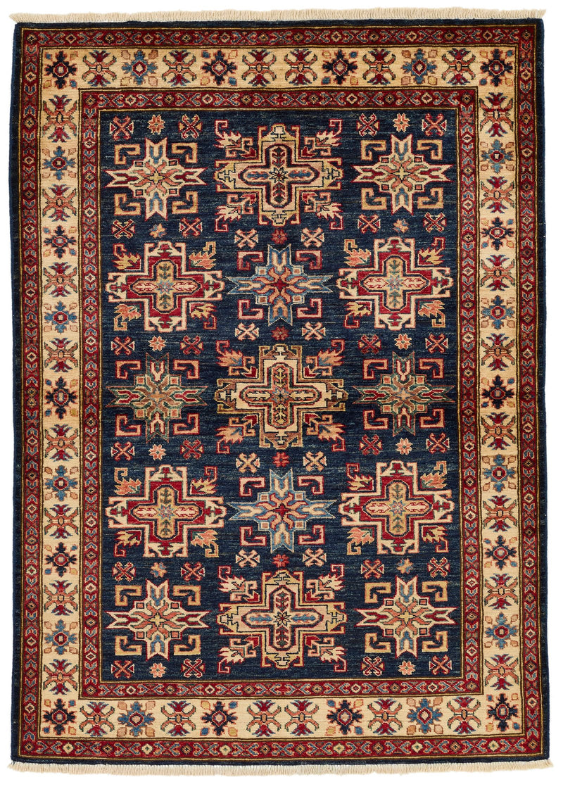 4x6 Navy and Ivory Kazak Tribal Rug