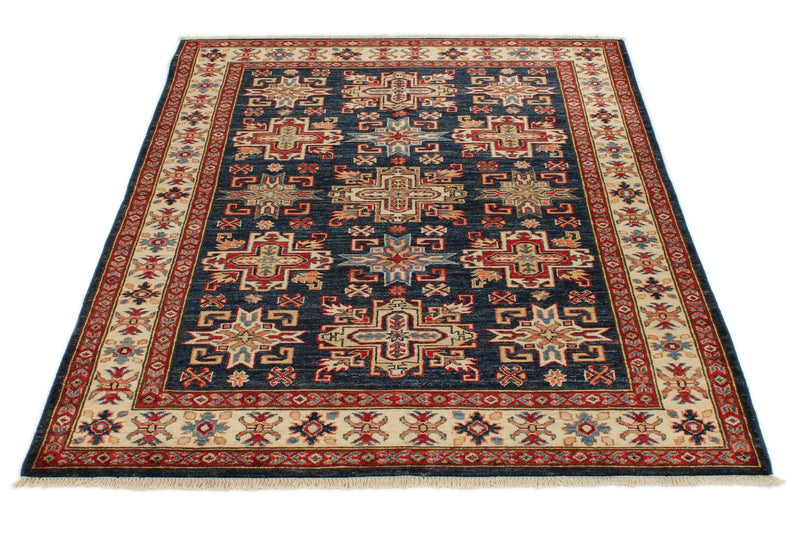 4x6 Navy and Ivory Kazak Tribal Rug