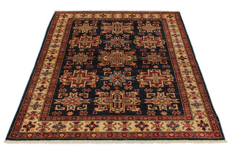 4x6 Navy and Ivory Kazak Tribal Rug