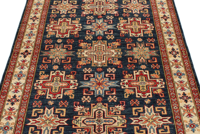 4x6 Navy and Ivory Kazak Tribal Rug