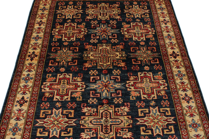 4x6 Navy and Ivory Kazak Tribal Rug