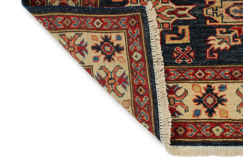 4x6 Navy and Ivory Kazak Tribal Rug