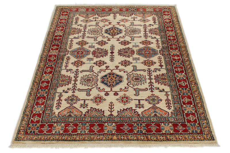 4x6 Ivory and Red Kazak Tribal Rug