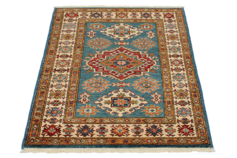 3x4 Blue and Beige Kazak Tribal Rug