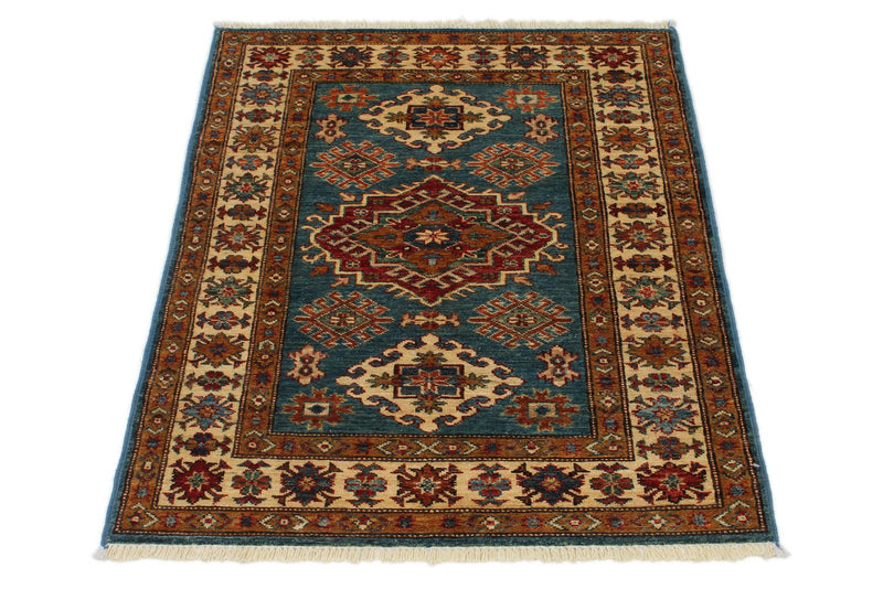 3x4 Blue and Beige Kazak Tribal Rug