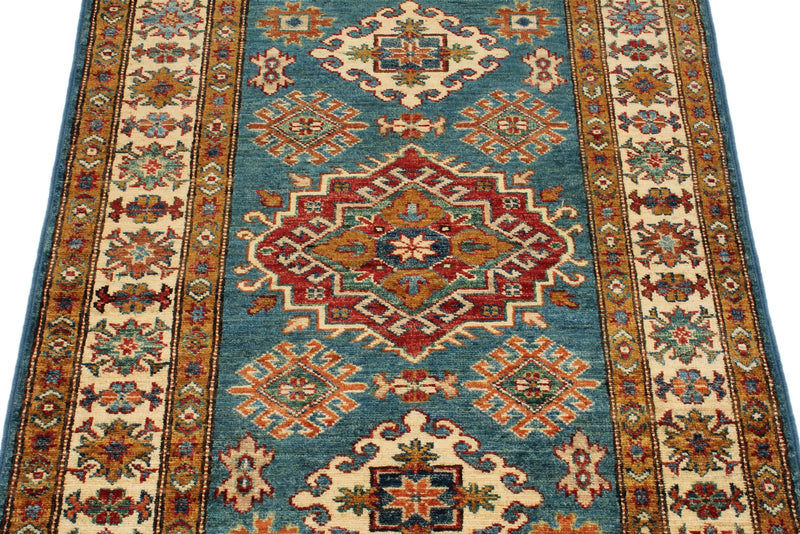 3x4 Blue and Beige Kazak Tribal Rug