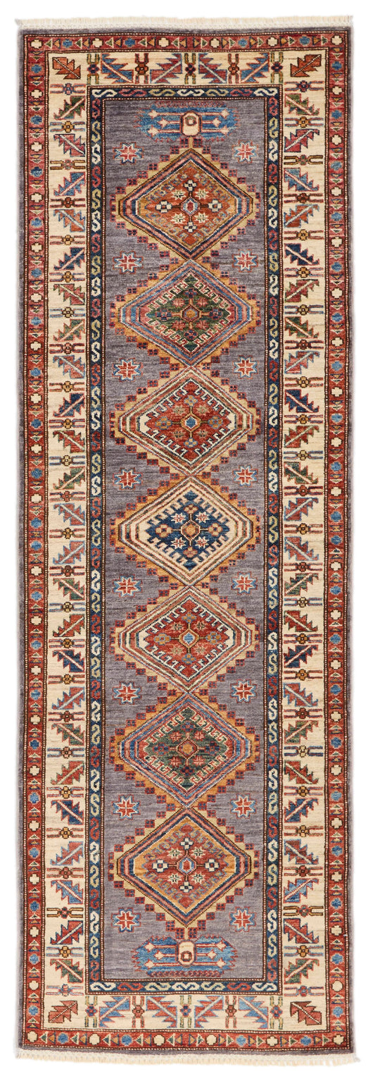 3x8 Gray and Ivory Kazak Tribal Runner