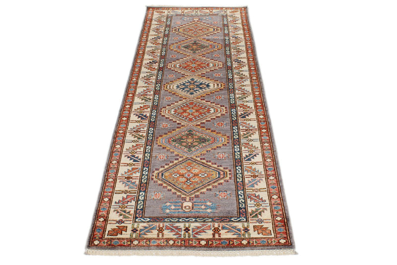 3x8 Gray and Ivory Kazak Tribal Runner
