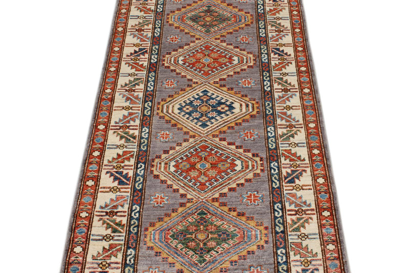 3x8 Gray and Ivory Kazak Tribal Runner