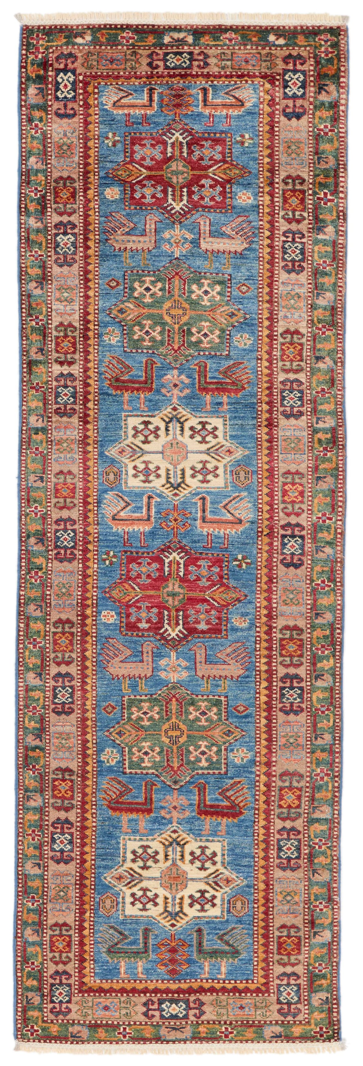 3x8 Blue and Rose Kazak Tribal Runner