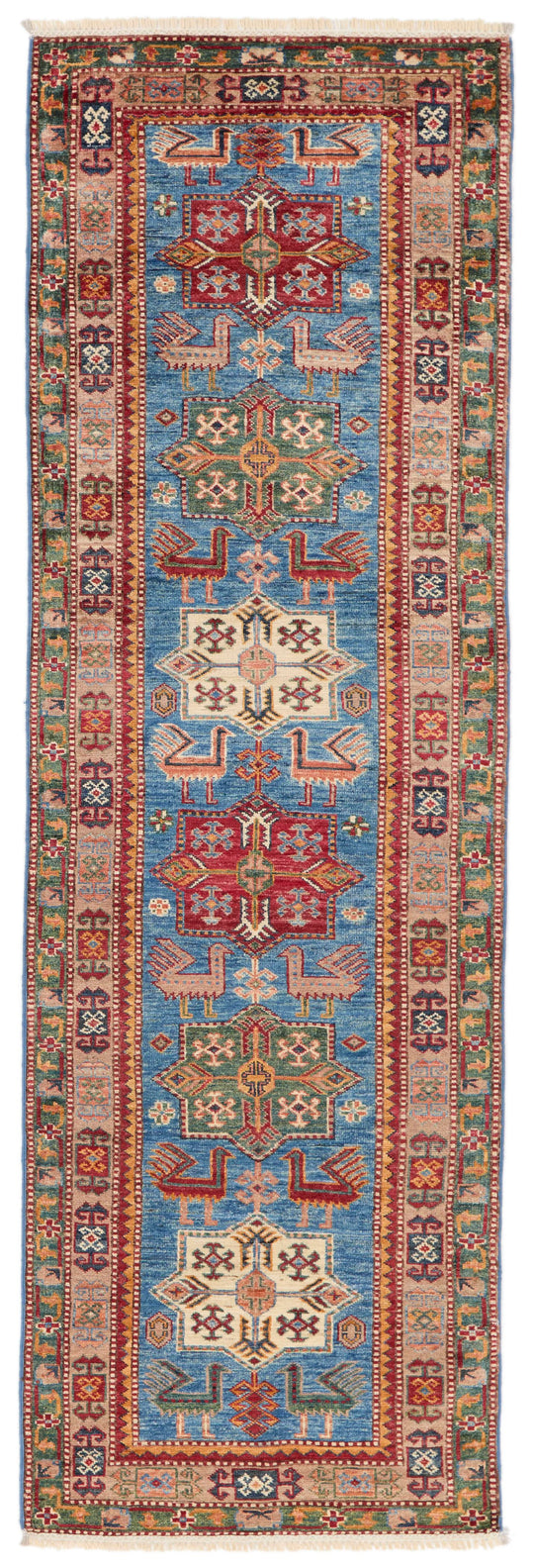 3x8 Blue and Rose Kazak Tribal Runner