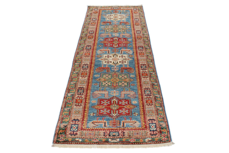 3x8 Blue and Rose Kazak Tribal Runner