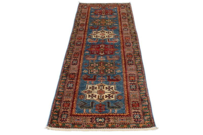3x8 Blue and Rose Kazak Tribal Runner