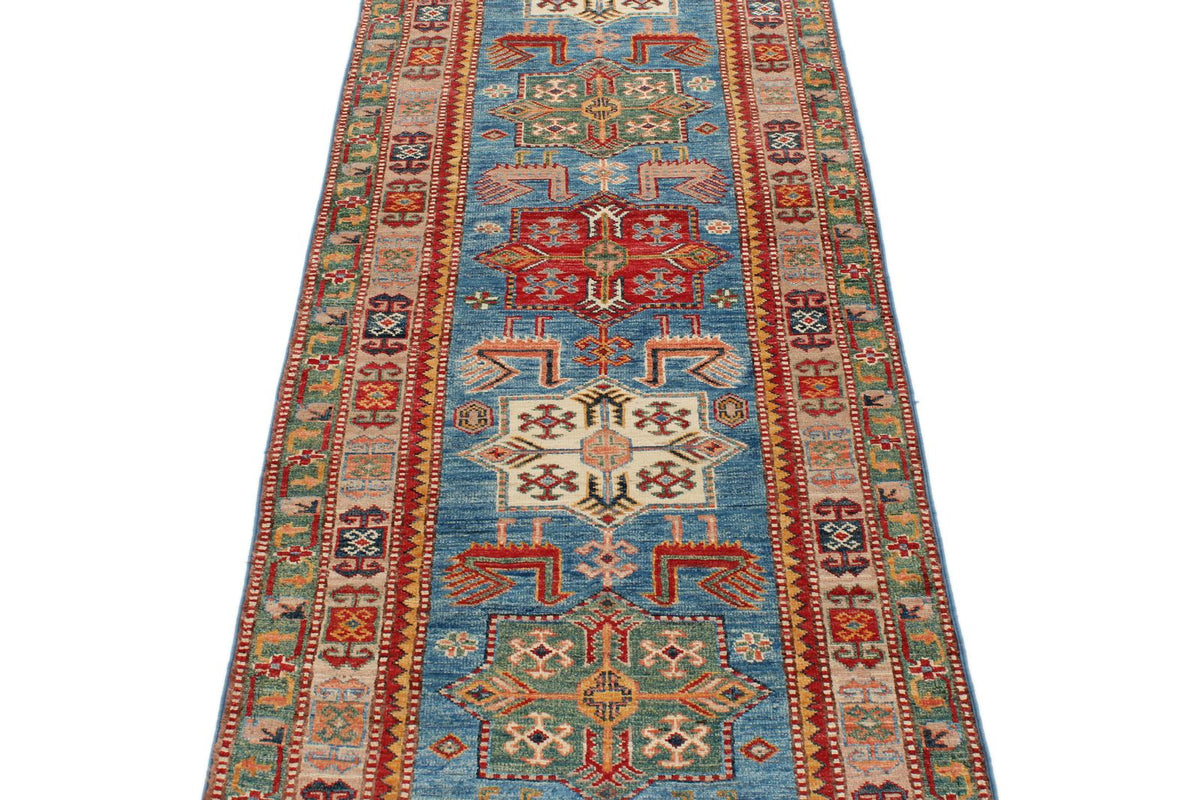 3x8 Blue and Rose Kazak Tribal Runner