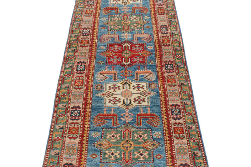 3x8 Blue and Rose Kazak Tribal Runner