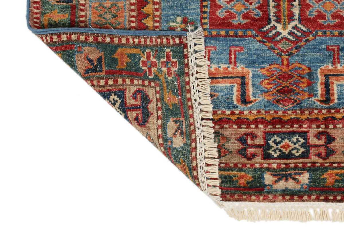 3x8 Blue and Rose Kazak Tribal Runner