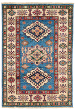 3x4 Blue and Beige Kazak Tribal Rug