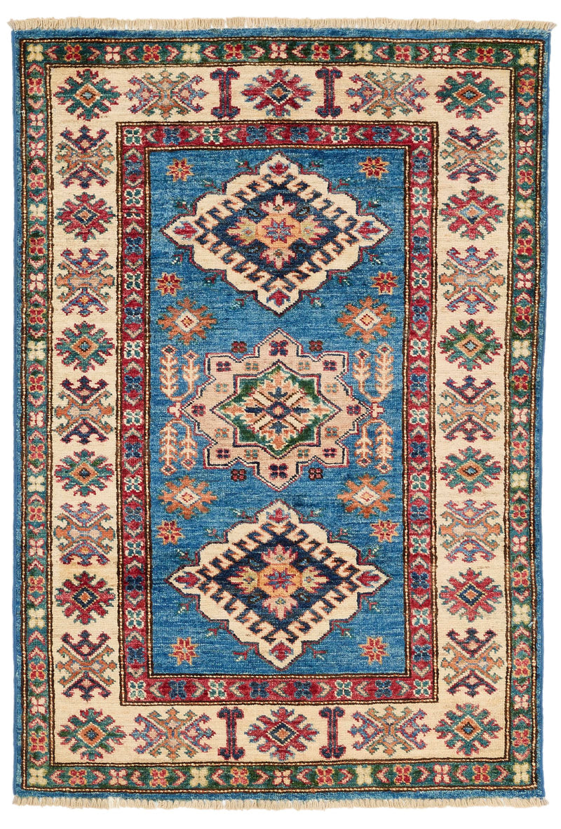 3x4 Blue and Beige Kazak Tribal Rug