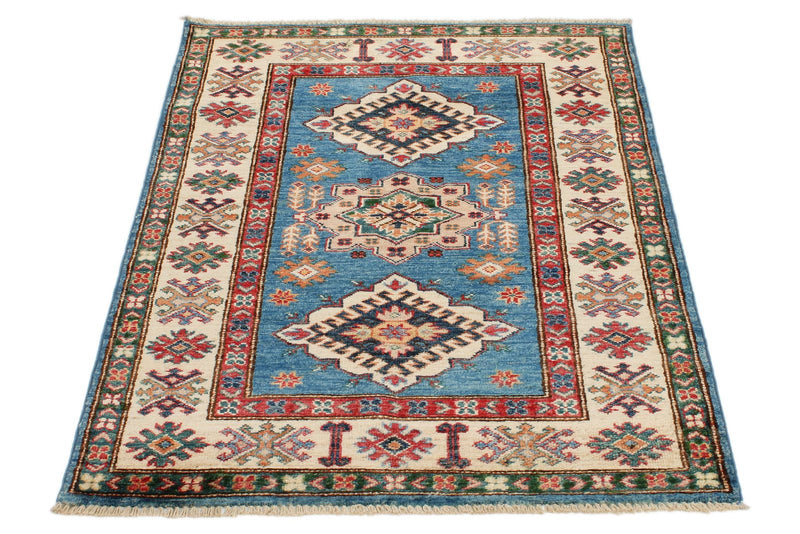 3x4 Blue and Beige Kazak Tribal Rug