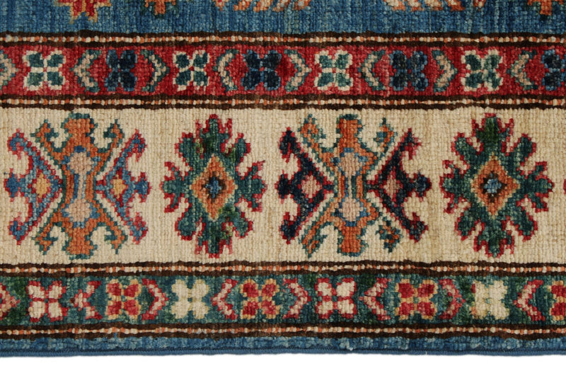 3x4 Blue and Beige Kazak Tribal Rug