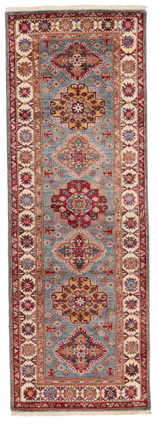 3x7 Blue and Ivory Kazak Tribal Runner