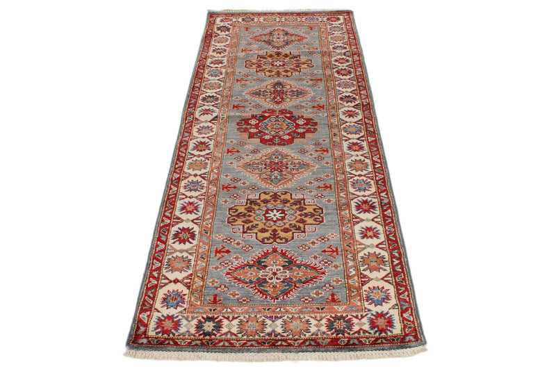 3x7 Blue and Ivory Kazak Tribal Runner