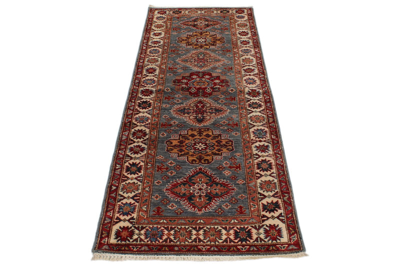 3x7 Blue and Ivory Kazak Tribal Runner