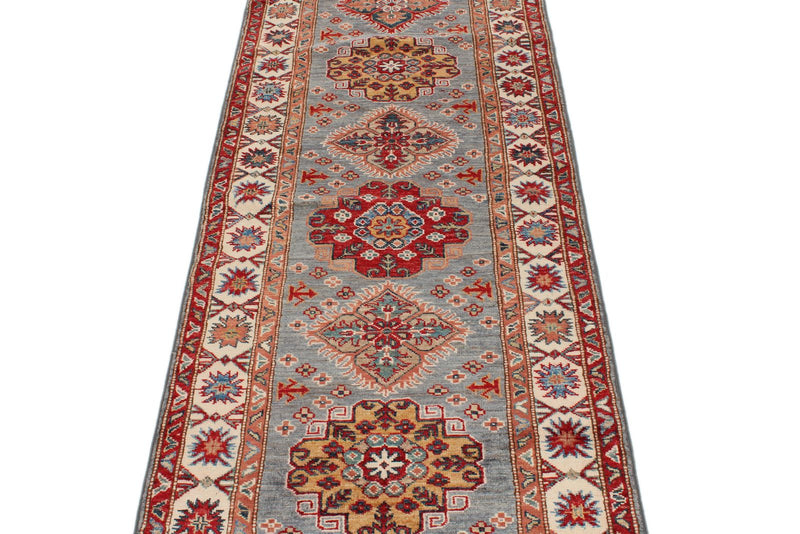 3x7 Blue and Ivory Kazak Tribal Runner