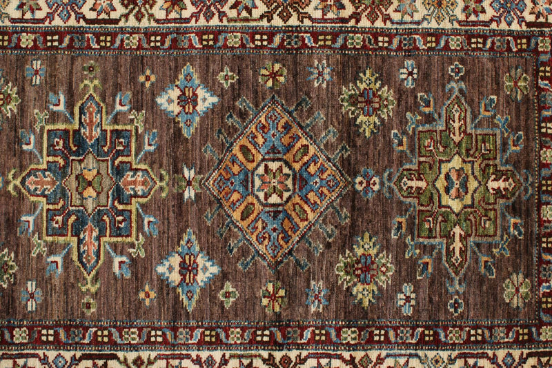 3x10 Brown and Ivory Kazak Tribal Runner