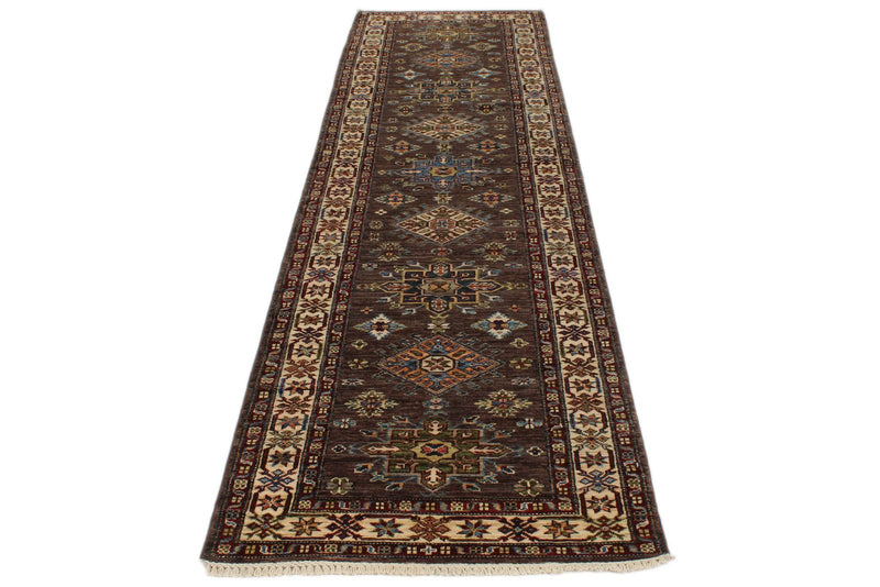 3x10 Brown and Ivory Kazak Tribal Runner