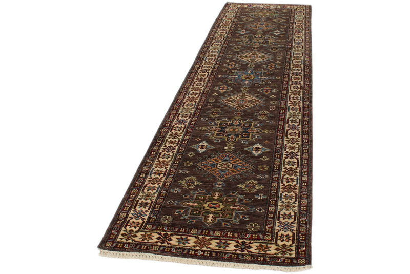 3x10 Brown and Ivory Kazak Tribal Runner
