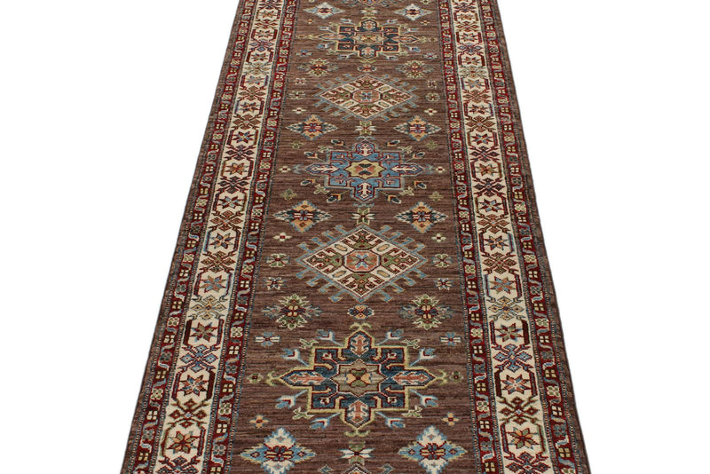 3x10 Brown and Ivory Kazak Tribal Runner