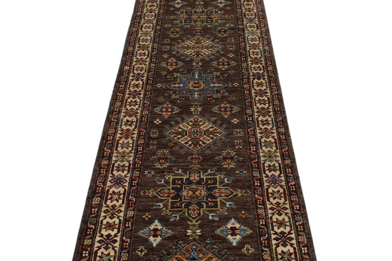 3x10 Brown and Ivory Kazak Tribal Runner