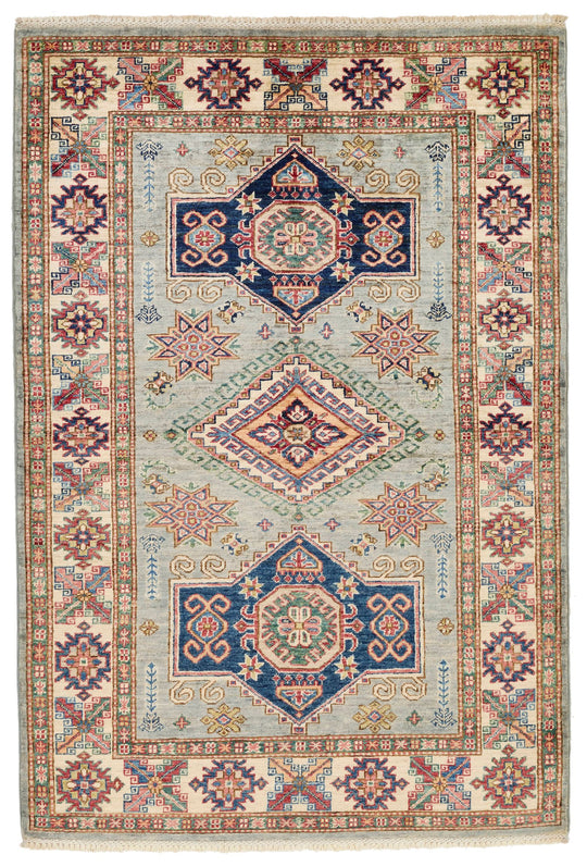4x6 Light Gray and Ivory Kazak Tribal Rug