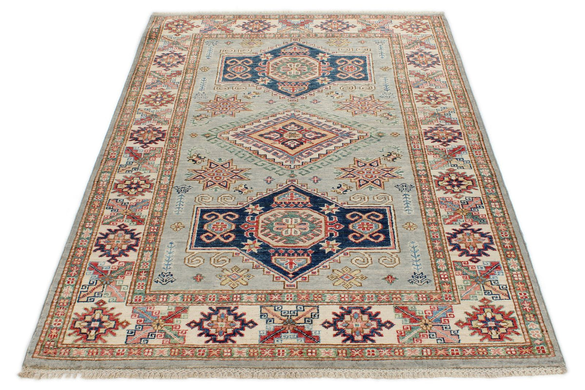 4x6 Light Gray and Ivory Kazak Tribal Rug