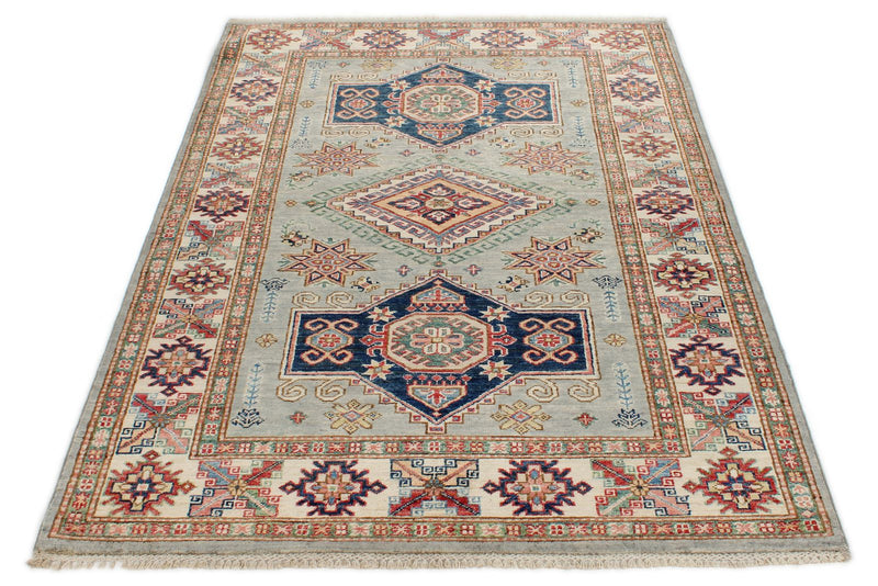 4x6 Light Gray and Ivory Kazak Tribal Rug