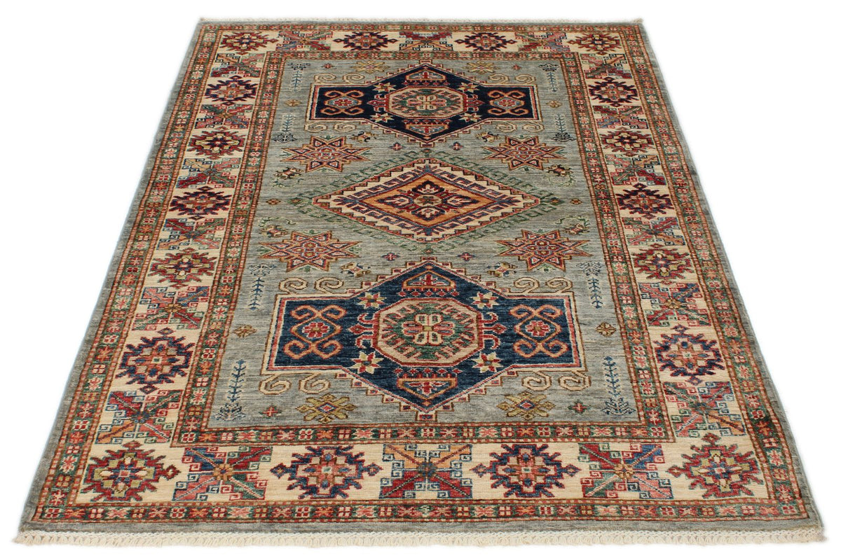4x6 Light Gray and Ivory Kazak Tribal Rug