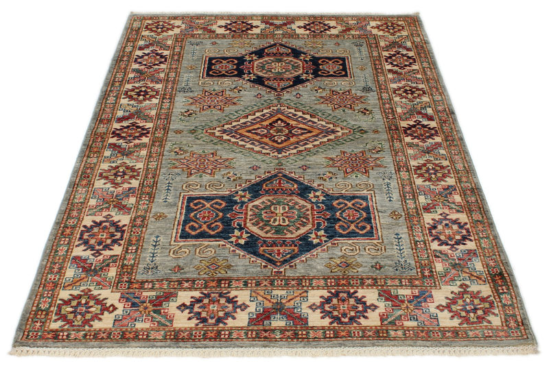 4x6 Light Gray and Ivory Kazak Tribal Rug