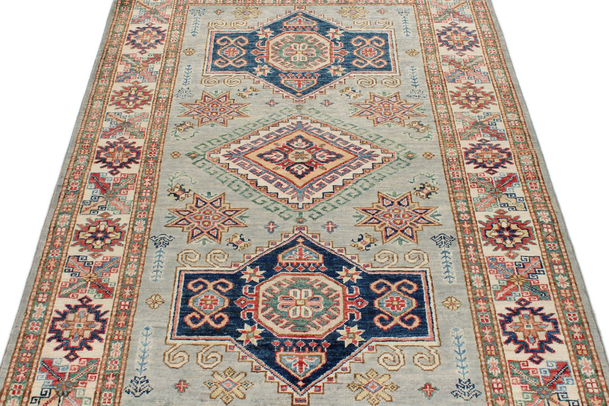 4x6 Light Gray and Ivory Kazak Tribal Rug