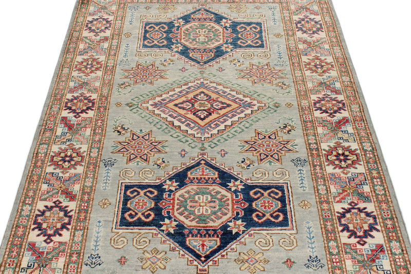4x6 Light Gray and Ivory Kazak Tribal Rug