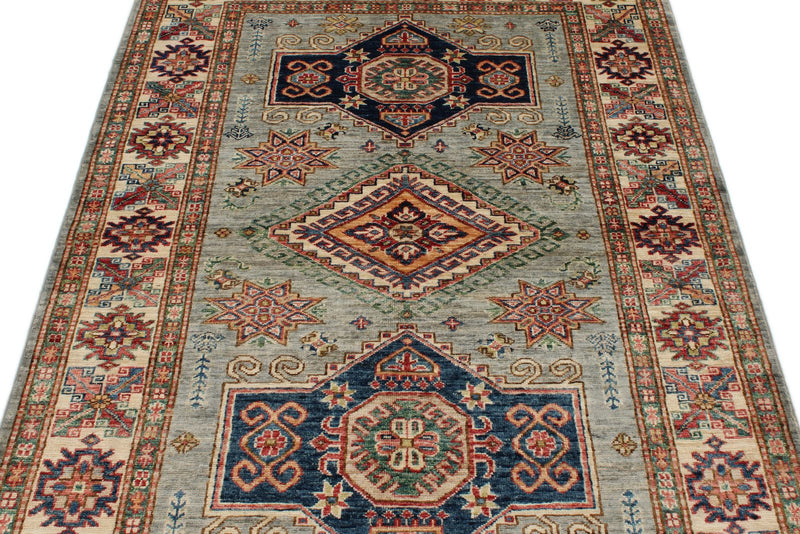 4x6 Light Gray and Ivory Kazak Tribal Rug