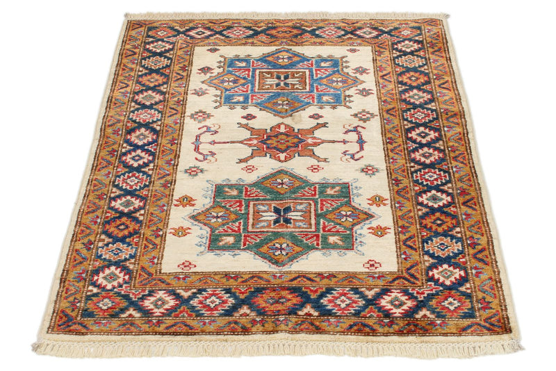 3x4 Beige and Navy Kazak Tribal Rug