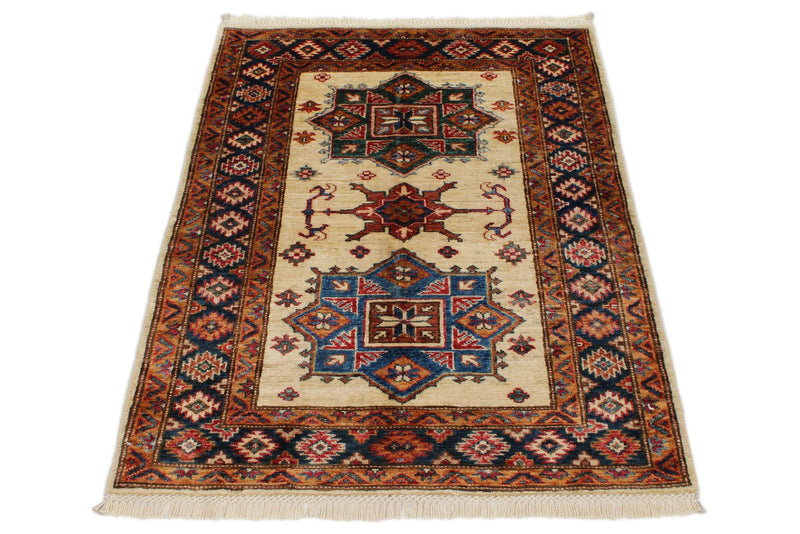 3x4 Beige and Navy Kazak Tribal Rug