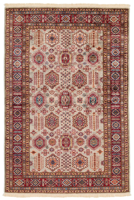 4x6 Light Gray and Red Kazak Tribal Rug
