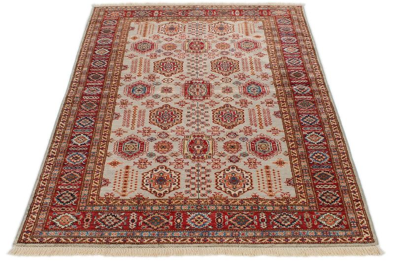 4x6 Light Gray and Red Kazak Tribal Rug