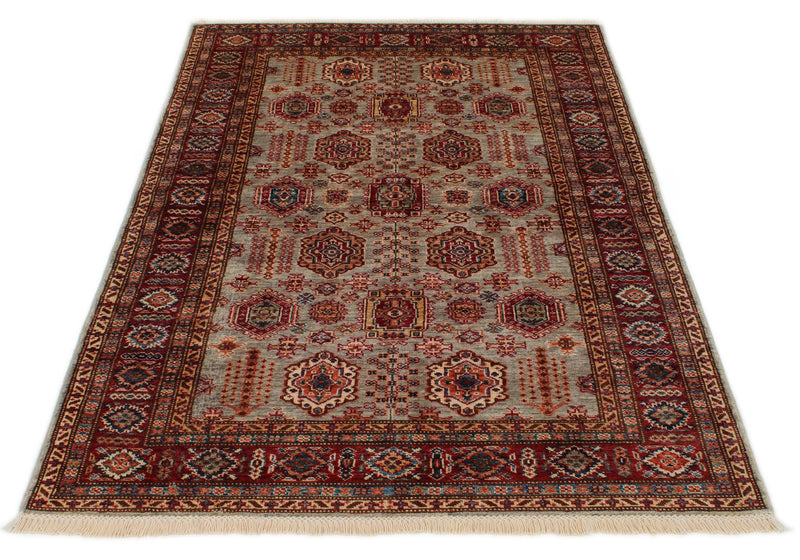 4x6 Light Gray and Red Kazak Tribal Rug