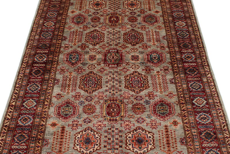 4x6 Light Gray and Red Kazak Tribal Rug