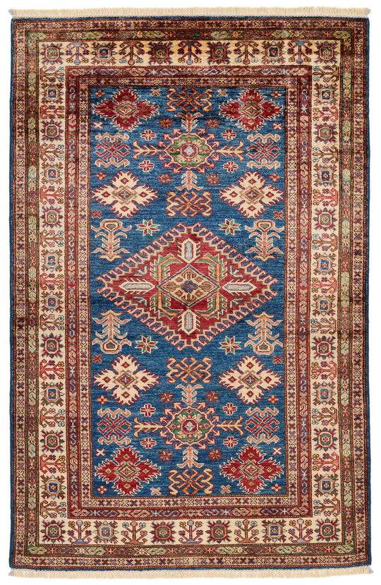 4x6 Navy and Ivory Kazak Tribal Rug
